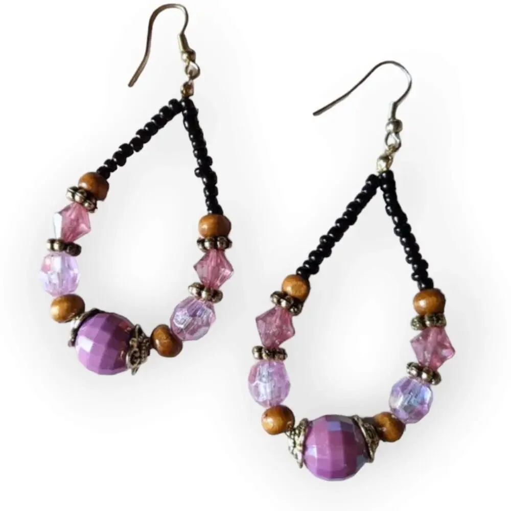 Purple and black beaded fish hook earrings